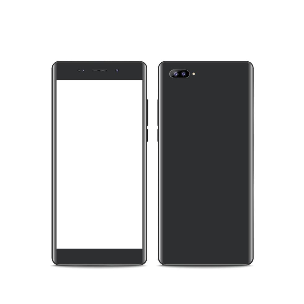teléfono inteligente gris oscuro realista. vista frontal y posterior. teléfono inteligente con estilo lateral de borde, ilustración vectorial 3d del teléfono celular. vector