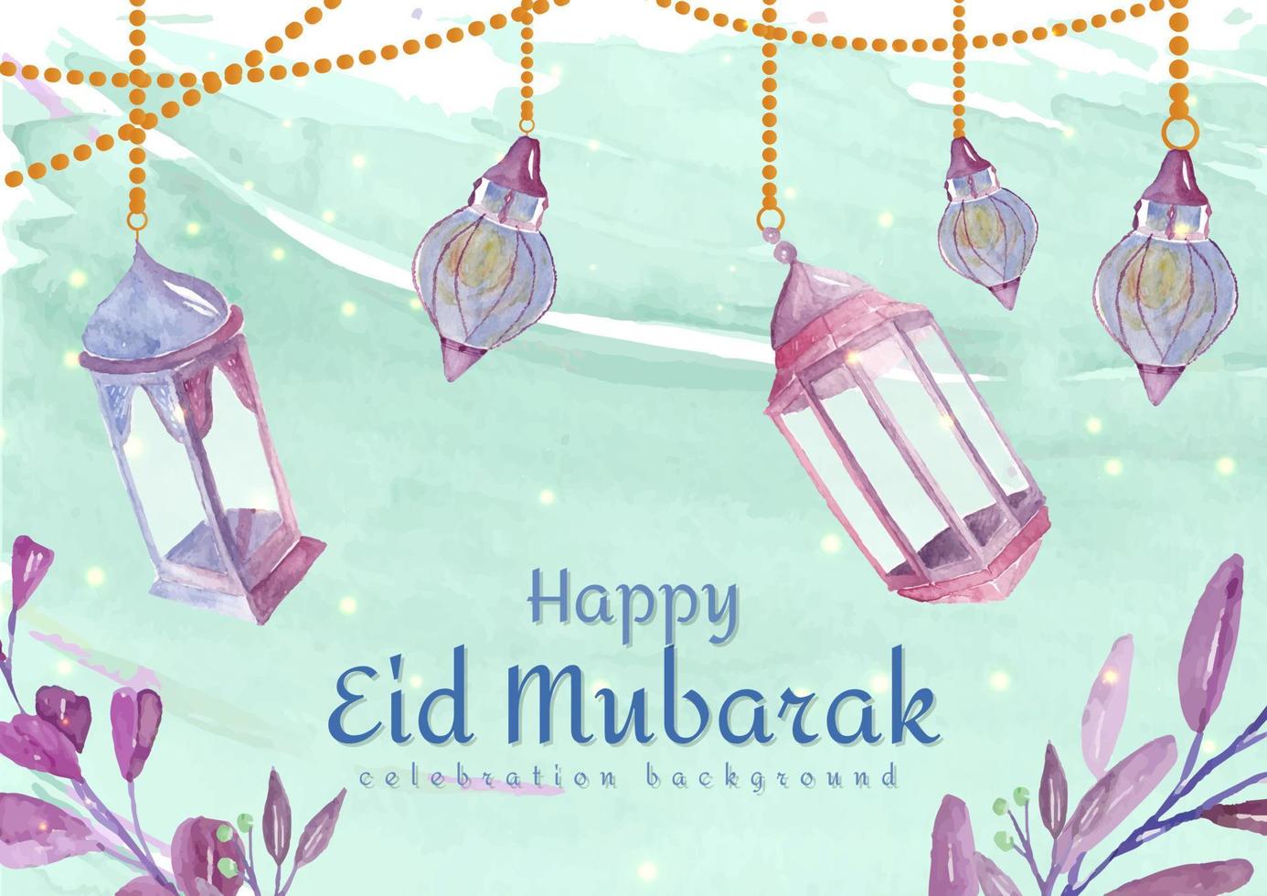 Happy eid mubarak with lantern and leaf watercolor concept vector