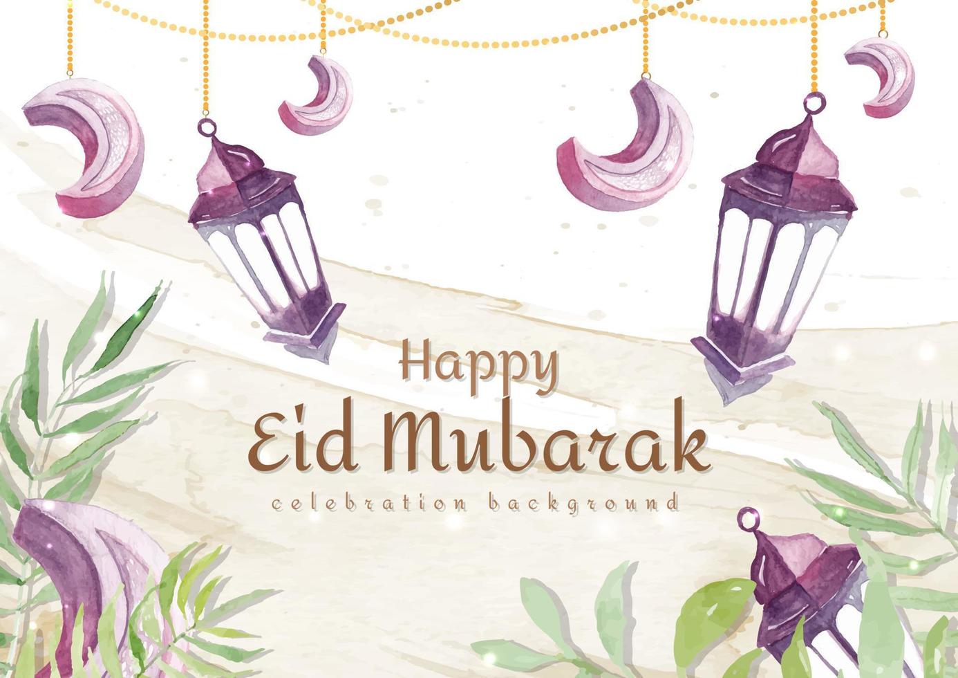 Happy eid mubarak with lantern and leaf watercolor concept vector