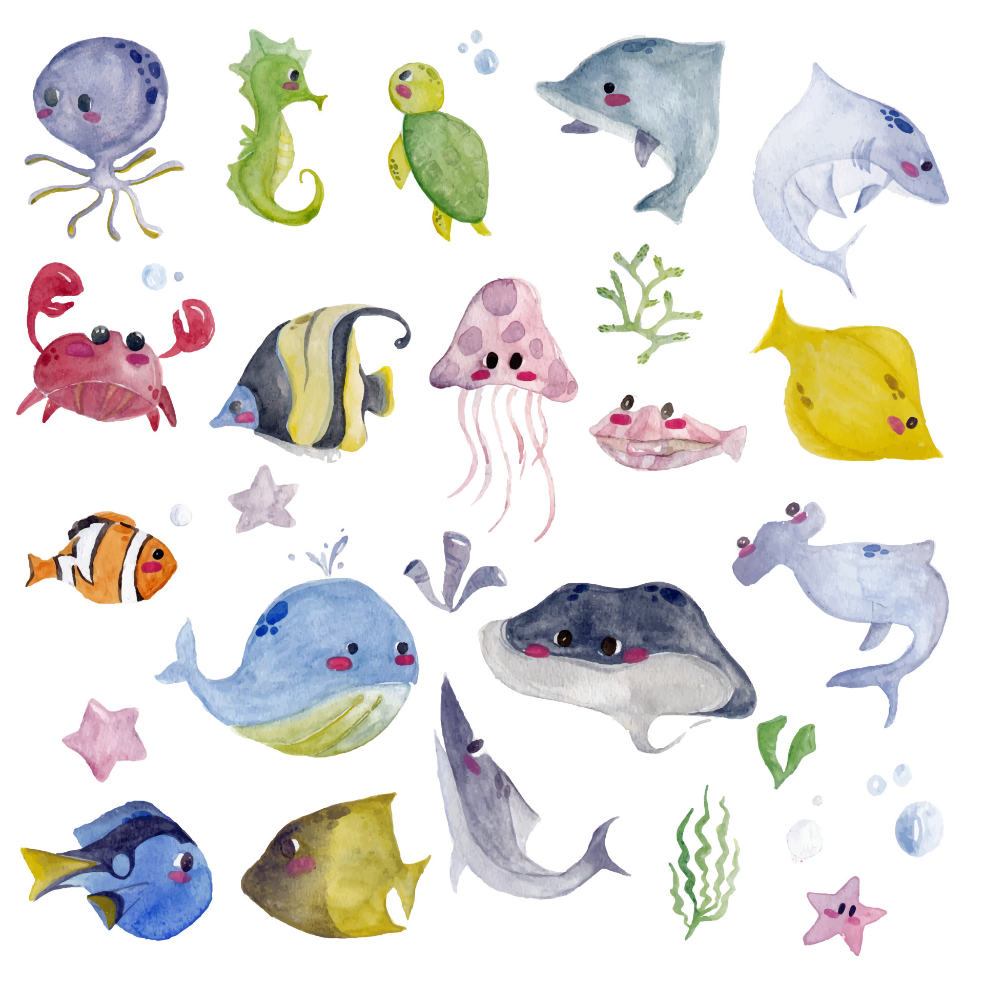 Sea animal character with watercolor style 6440581 Vector Art at Vecteezy