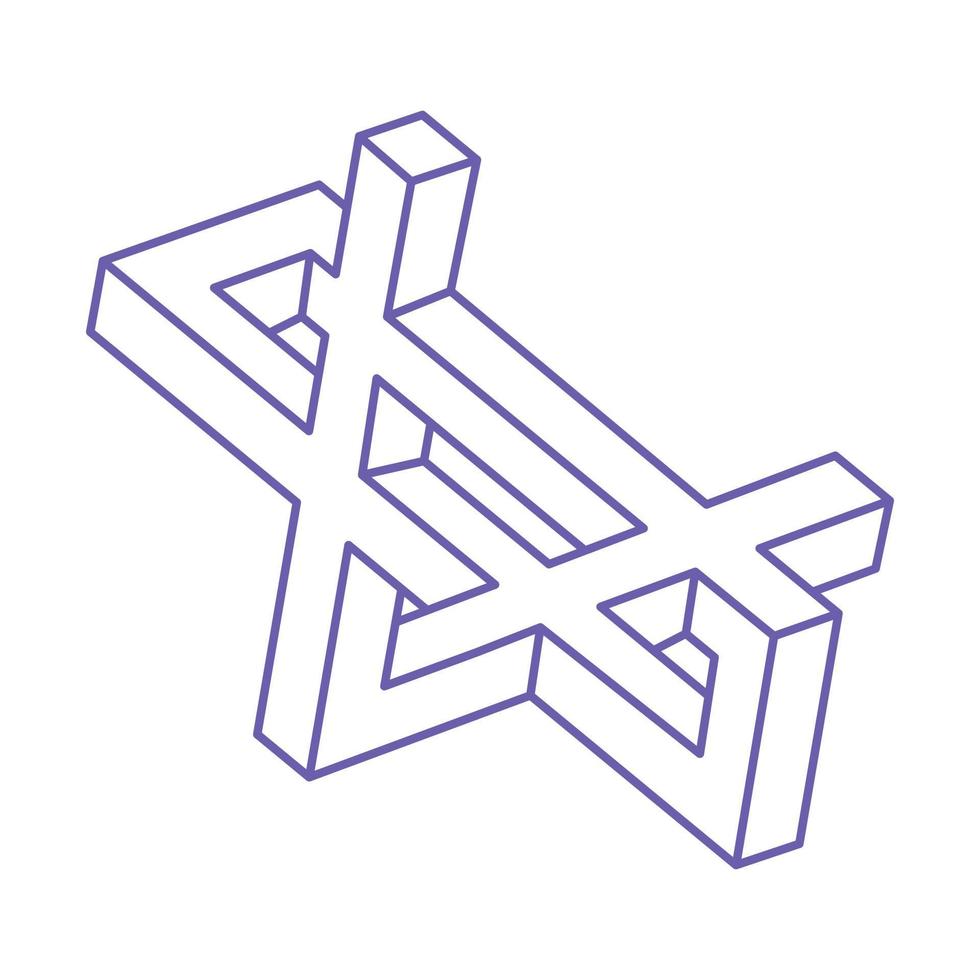 Impossible optical illusion shapes. Logo in trendy 2022 Very Peri color. Optical art objects. Impossible figures. Line art tattoo. Unreal geometric objects. vector