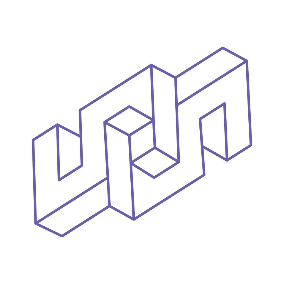 Impossible shapes. Sacred geometry figure in trendy 2022 Very Peri color. Optical illusion logo. Impossible endless outline. Line art tattoo. Op art. Impossible geometry shape on a white background. vector