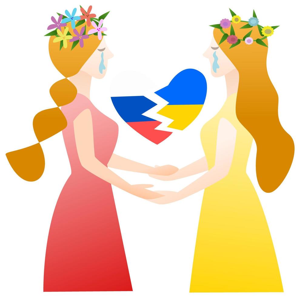 Russian and Ukrainian girl holding hand.Heart broken.No war. vector