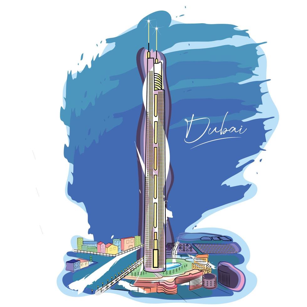 Cityscape of Dubai Watercolor technique Vector illustration