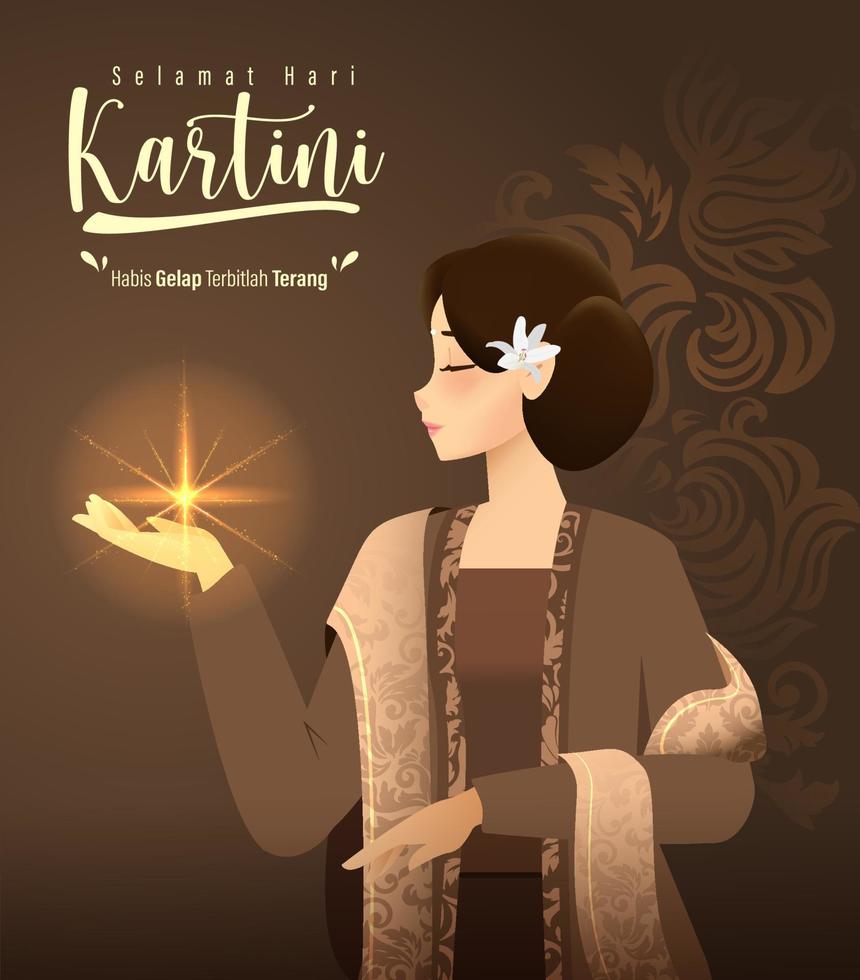 selamat hari kartini significa feliz día de kartini. kartini es una heroína indonesia. habis gelap terbitlah terang significa que después de la oscuridad llega la luz. ilustración vectorial vector