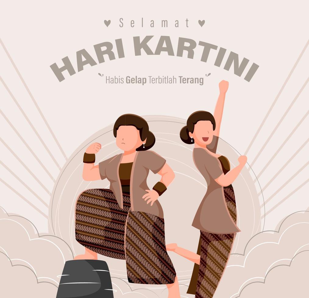 selamat hari kartini significa feliz día de kartini. kartini es una heroína indonesia. habis gelap terbitlah terang significa que después de la oscuridad llega la luz. ilustración vectorial vector