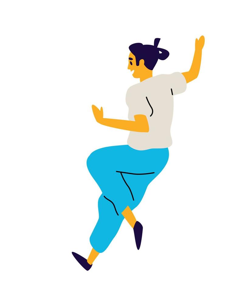 chico alegre corriendo. vector. ilustración de un joven bailarín. personaje para el estudio de baile. estilo plano logo de la compañía. persona feliz positiva. vector