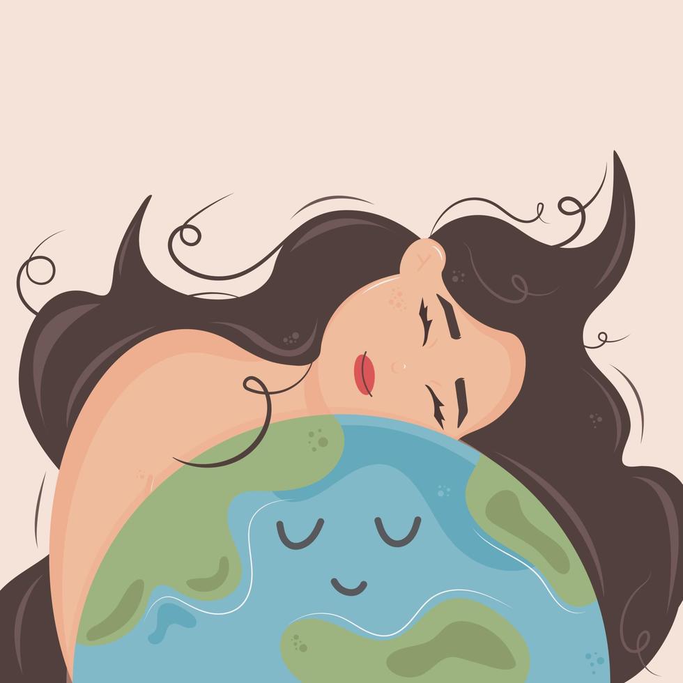 Happy Earth Day. Cute smiling girl hugging planet. Concept of environmental protection and nature care. Design for greeting card, postcard, poster, web or print. vector
