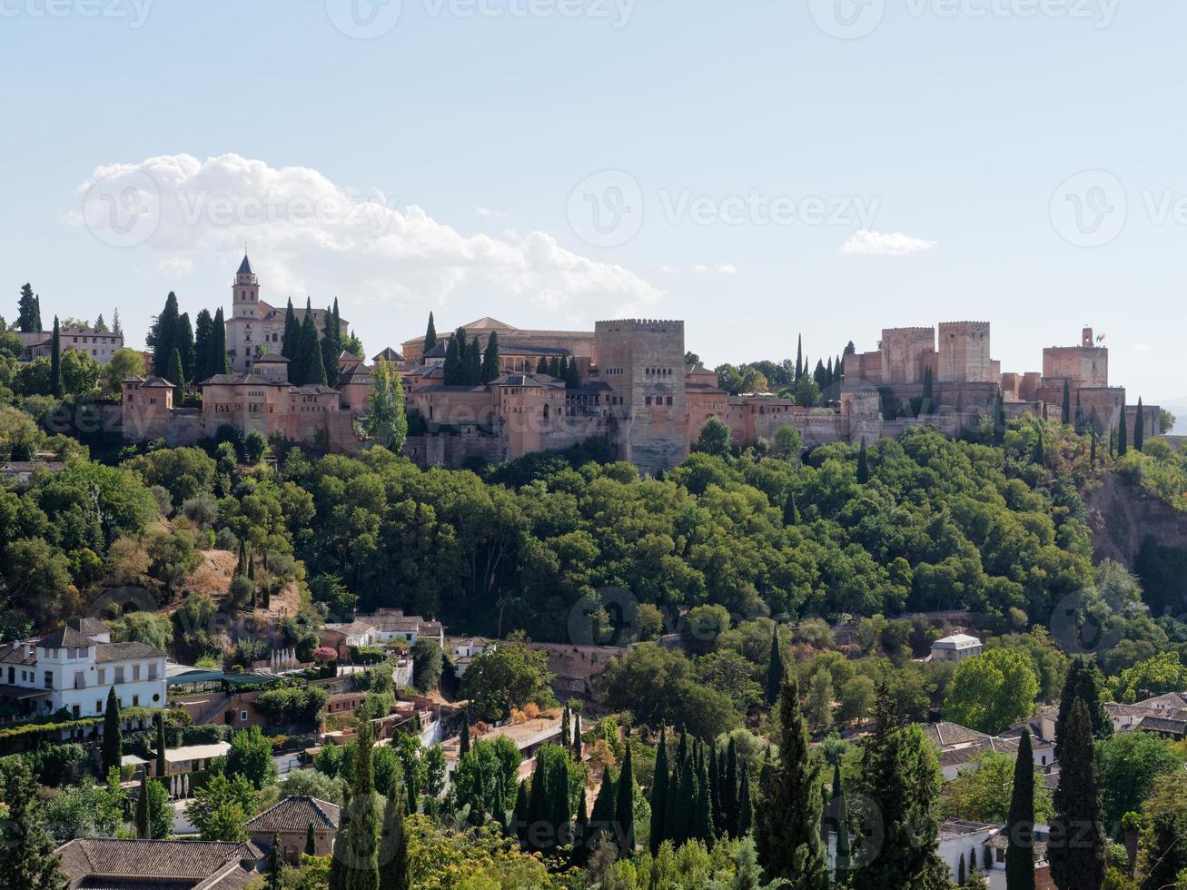 Panoramic view of Alhambra in Granada with the Sacromonte neighborhood below. Moorish Architecture. Unesco Spain. Travel in time and discover history. Amazing destinations for holidays. photo