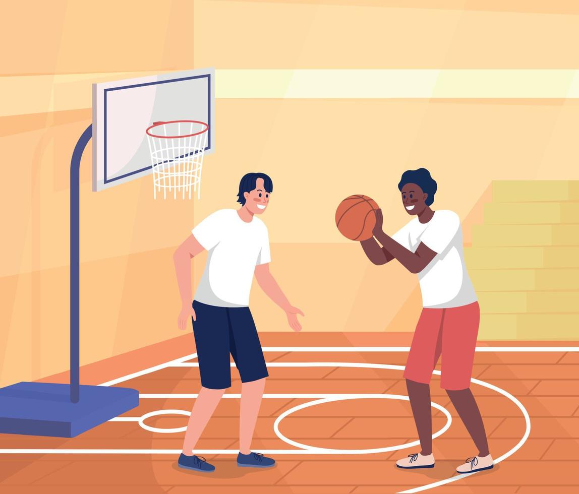 estudiantes de secundaria jugando baloncesto ilustración de vector de color plano