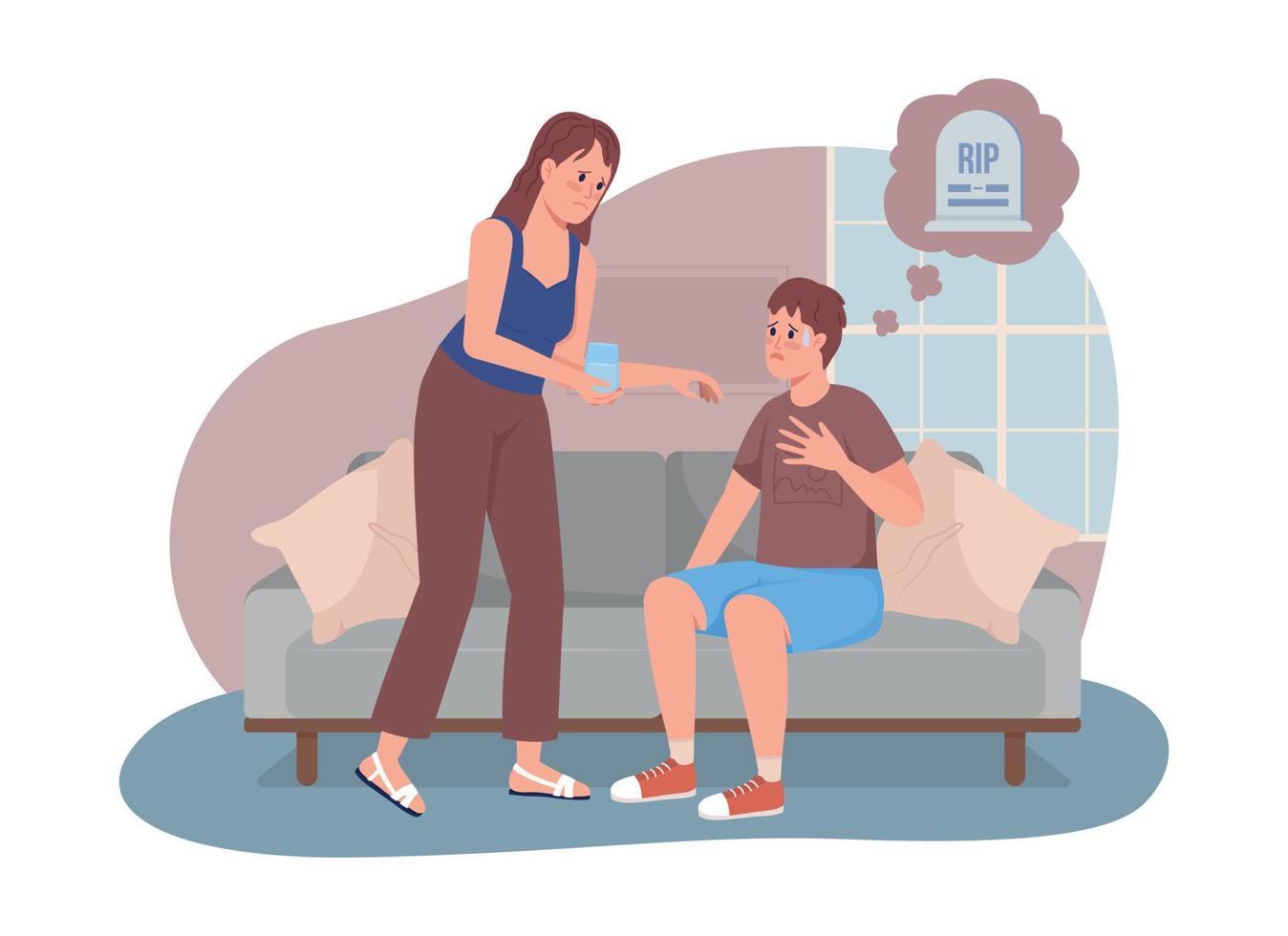 Teenager scared of death 2D vector isolated illustration