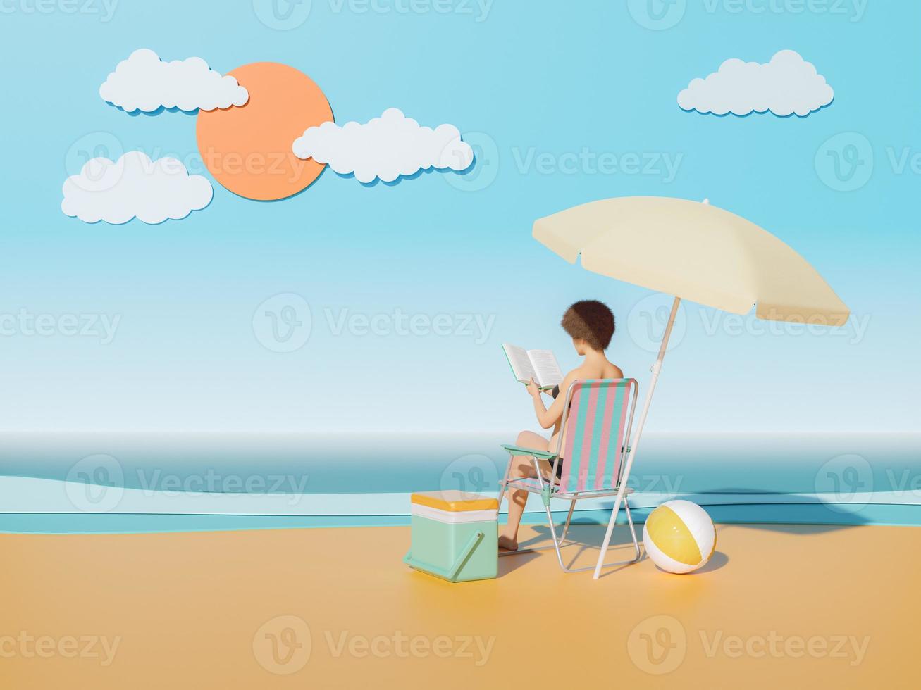 mujer leyendo en una playa artificial en un estudio foto