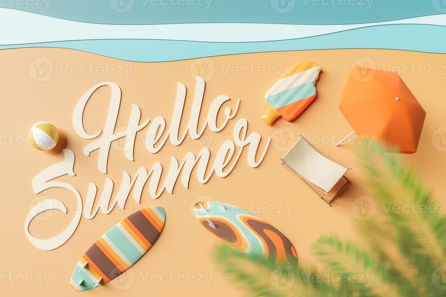 HELLO SUMMER sign on artificial beach with beach accessories photo