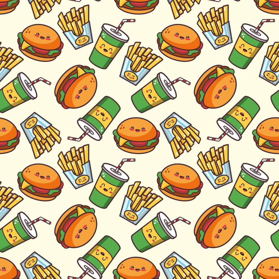 Cute Cheerful Fast Food Products Seamless Pattern vector