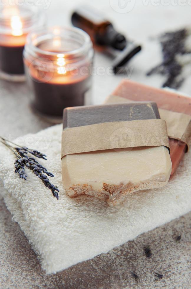 Natural soap with dried lavender flowers photo