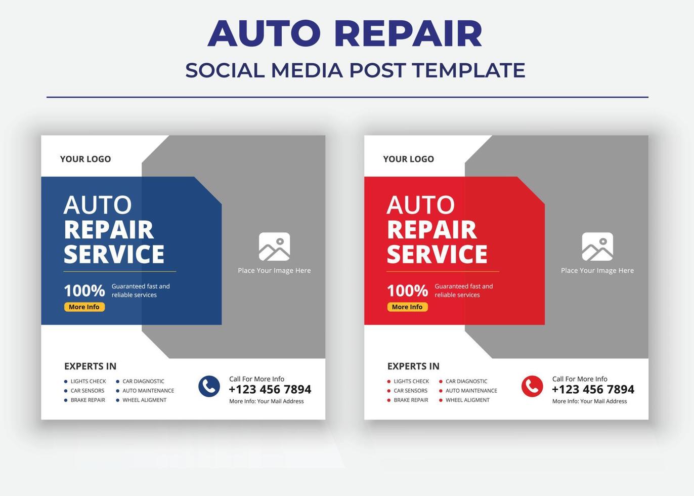 Servicios de reparación de automóviles, publicación en redes sociales y folleto. vector