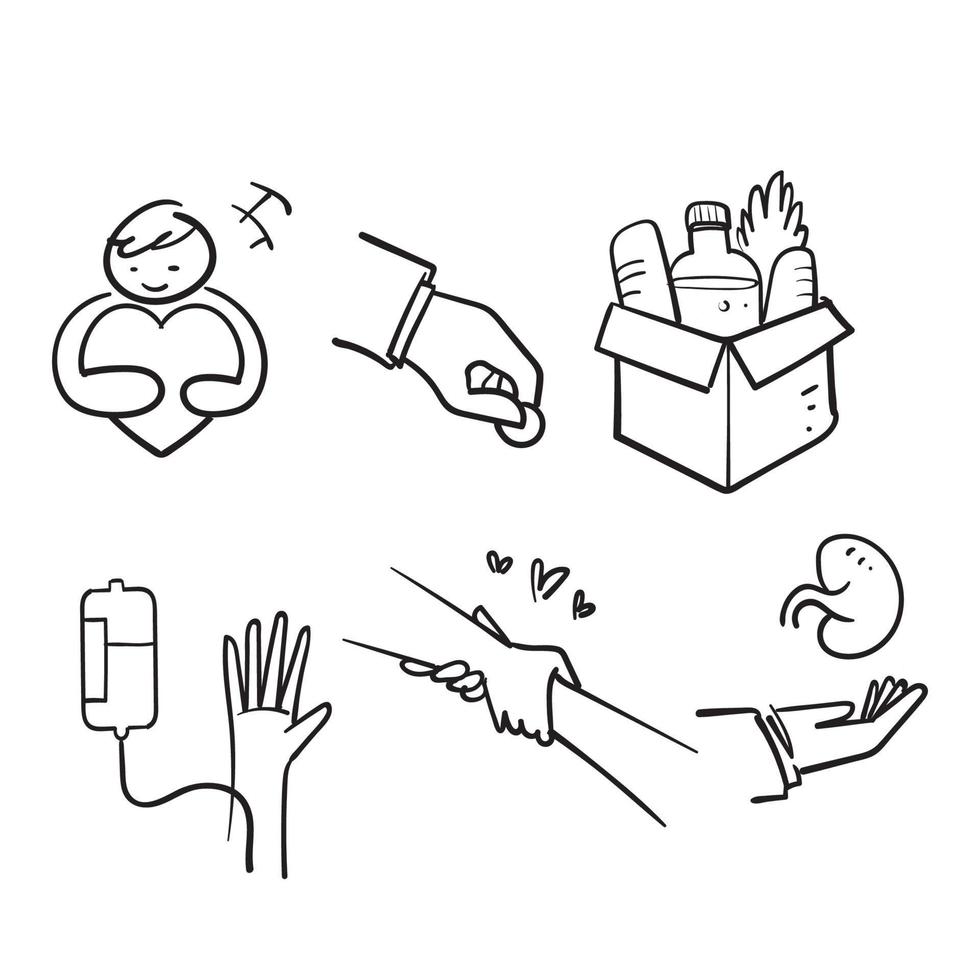 dibujado a mano garabato conjunto simple de donaciones y caridad relacionado icono ilustración vector