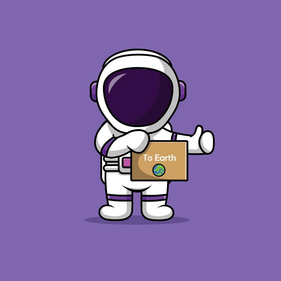 Cute Astronaut Holding Board To Earth Cartoon Vector Icon Illustration. Science Technology Icon Concept Isolated Premium Vector. Flat Cartoon Style