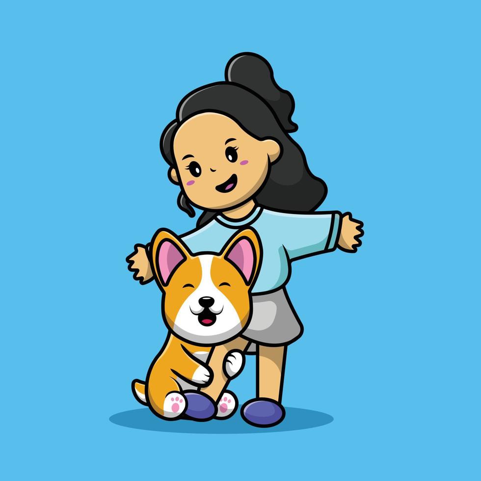 Cute Girl Playing With Corgi Dog Cartoon Vector Icon Illustration. People Animal Icon Concept Isolated Premium Vector. Flat Cartoon Style