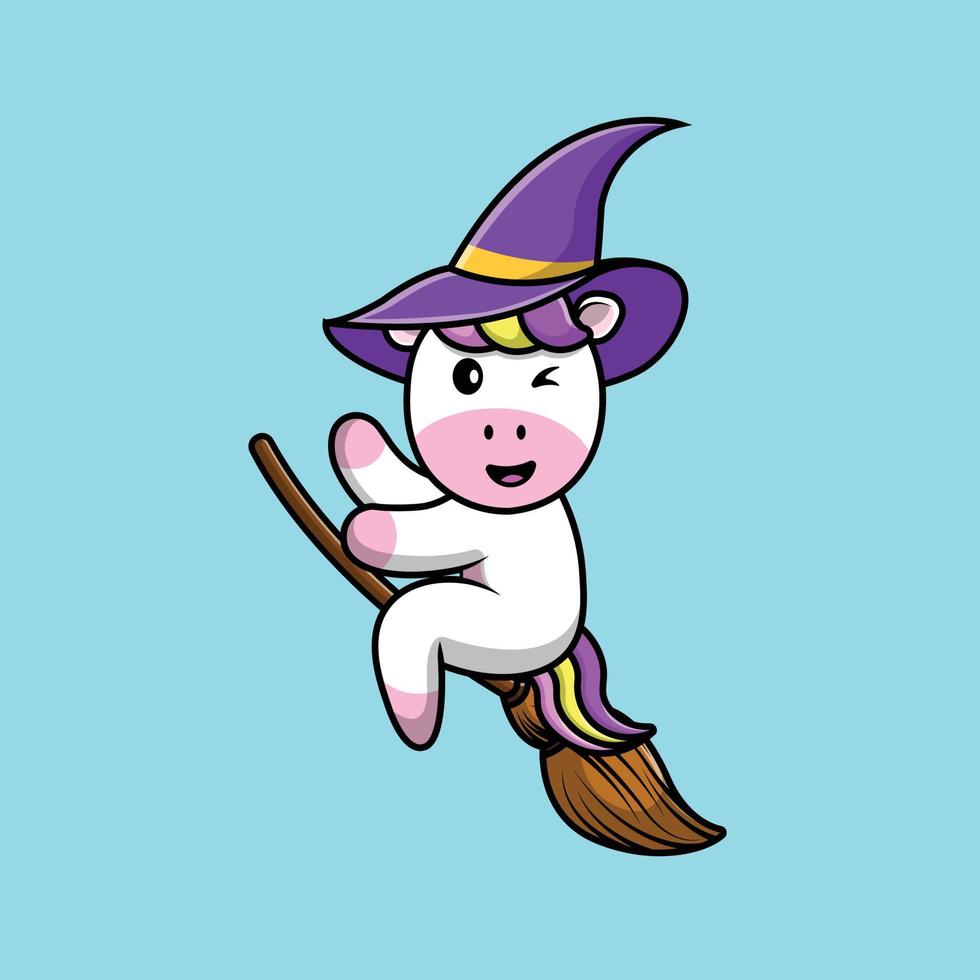 Cute Unicorn Witch Riding Magic Broom Cartoon Vector Icon Illustration. Animal Holiday Icon Concept Isolated Premium Vector. Flat Cartoon Style