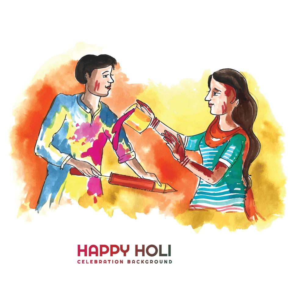 hermosa pareja jugando festival de colores feliz holi fondo colorido vector