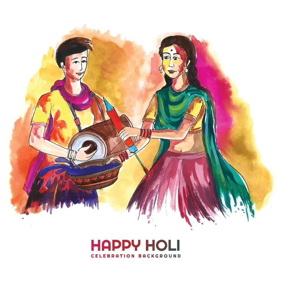 Beautiful couple playing festival of colors happy holi colorful background vector