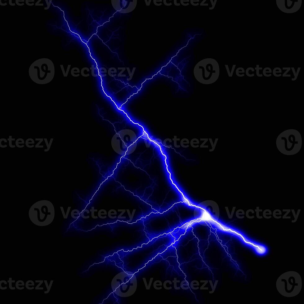 abstract dark blue lighting natural thunder realistic magic overlay bright glowing effect on black. photo