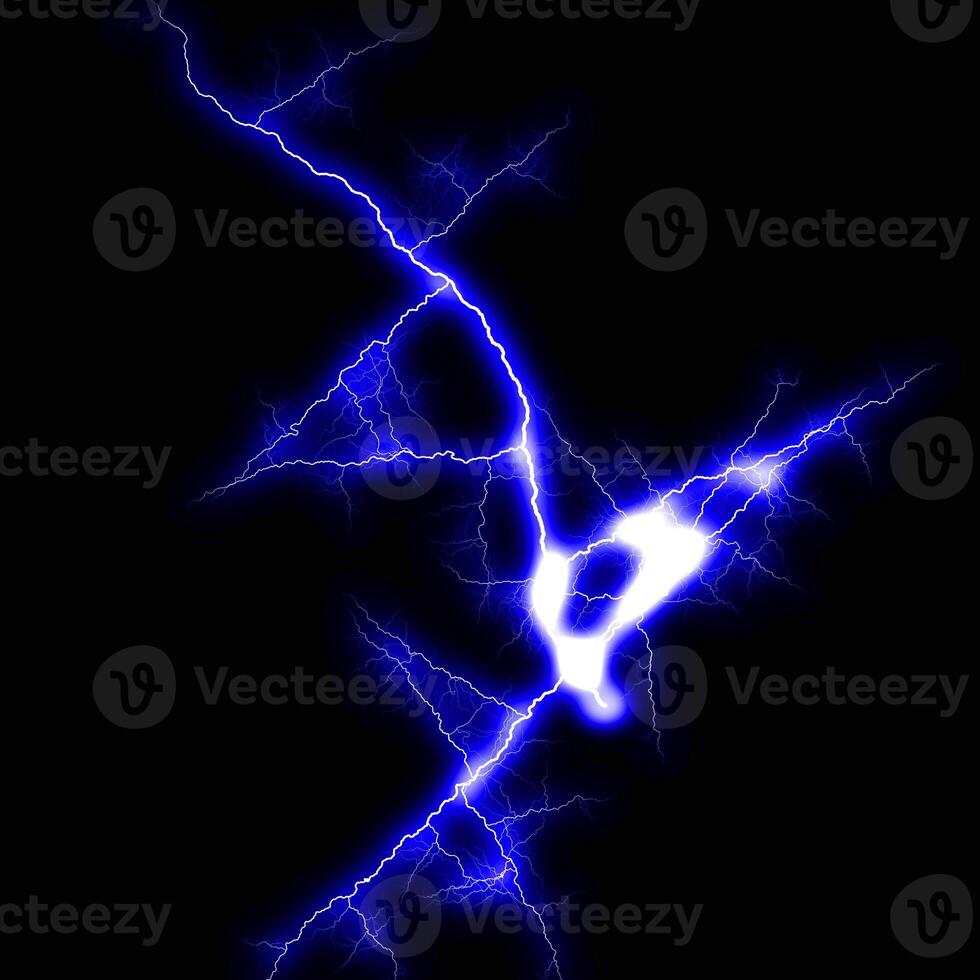 abstract dark blue lighting natural thunder realistic magic overlay bright glowing effect on black. photo