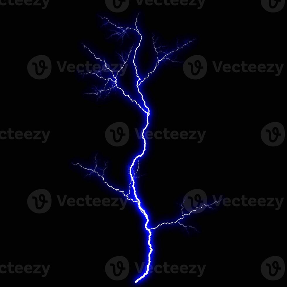 abstract dark blue lighting natural thunder realistic magic overlay bright glowing effect on black. photo