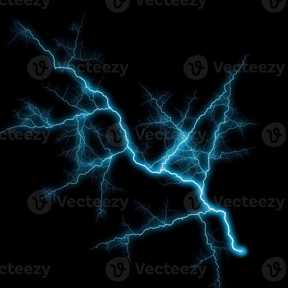 abstract light blue lighting natural thunder realistic magic overlay bright glowing effect on black. photo