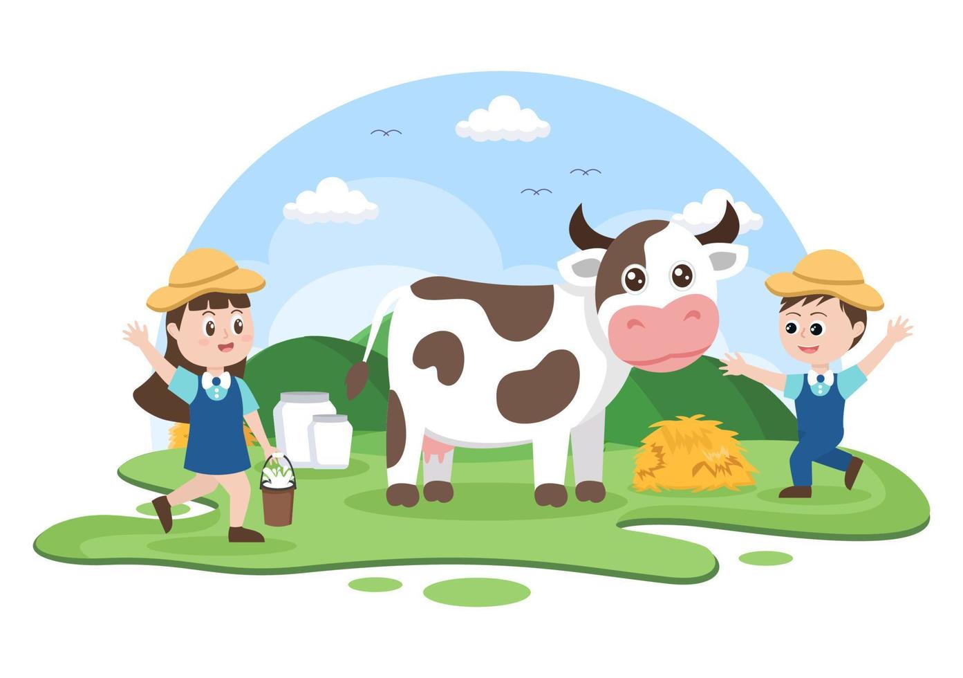 los granjeros están ordeñando vacas para producir u obtener leche con vistas a prados verdes o en granjas en un estilo plano ilustrativo vector