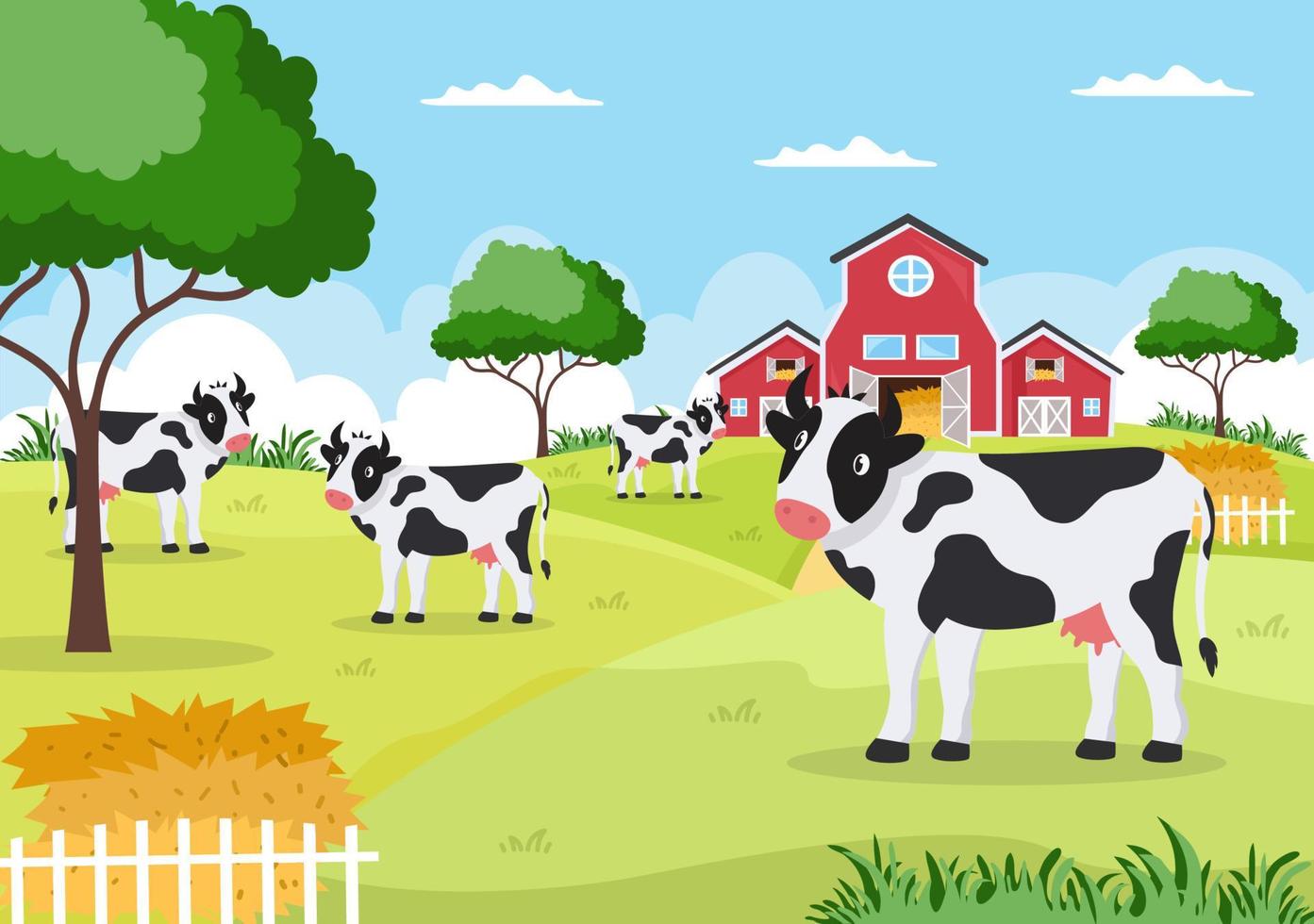 imágenes de vacas lecheras con vistas a un prado o una granja en el campo para comer hierba en un estilo plano ilustrativo vector