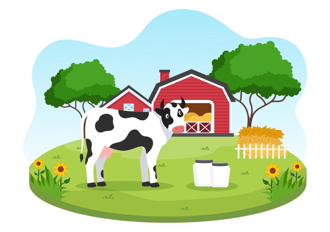 imágenes de vacas lecheras con vistas a un prado o una granja en el campo para comer hierba en un estilo plano ilustrativo vector