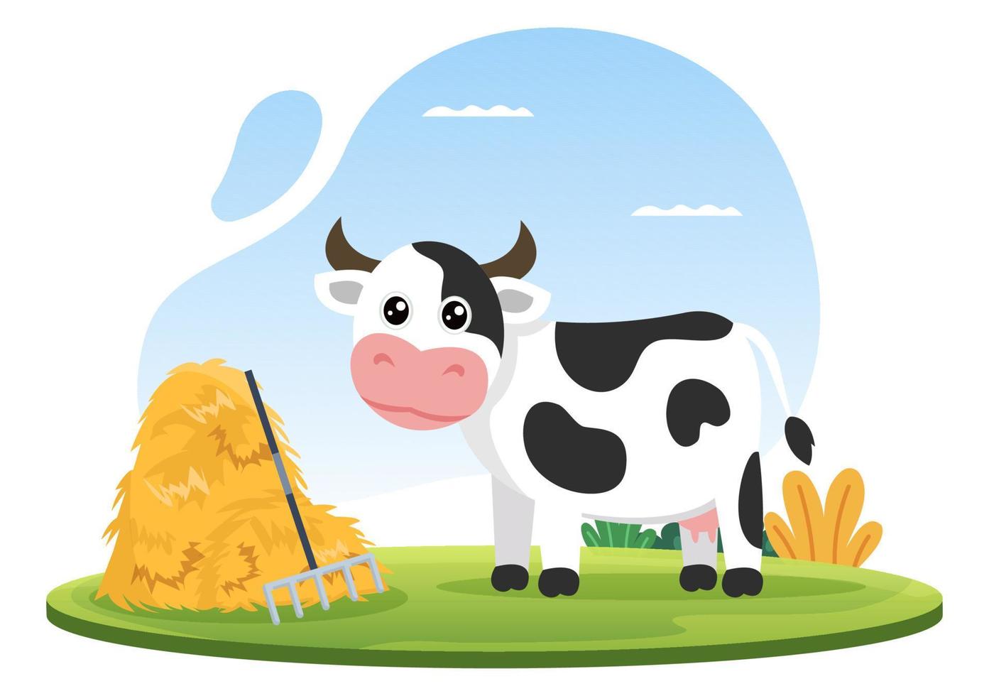 imágenes de vacas lecheras con vistas a un prado o una granja en el campo para comer hierba en un estilo plano ilustrativo vector