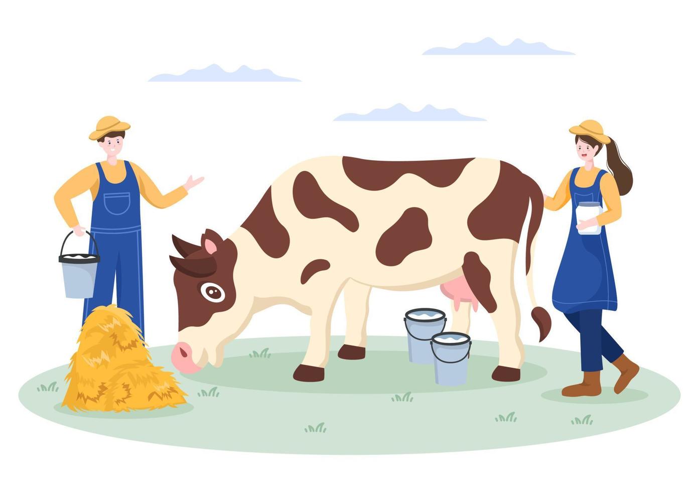 los granjeros están ordeñando vacas para producir u obtener leche con vistas a prados verdes o en granjas en un estilo plano ilustrativo vector