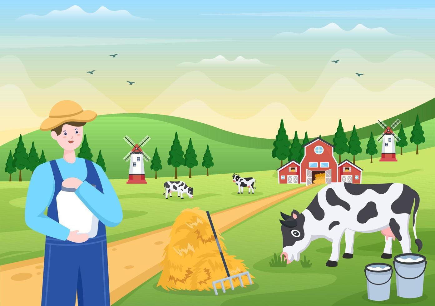 los granjeros están ordeñando vacas para producir u obtener leche con vistas a prados verdes o en granjas en un estilo plano ilustrativo vector