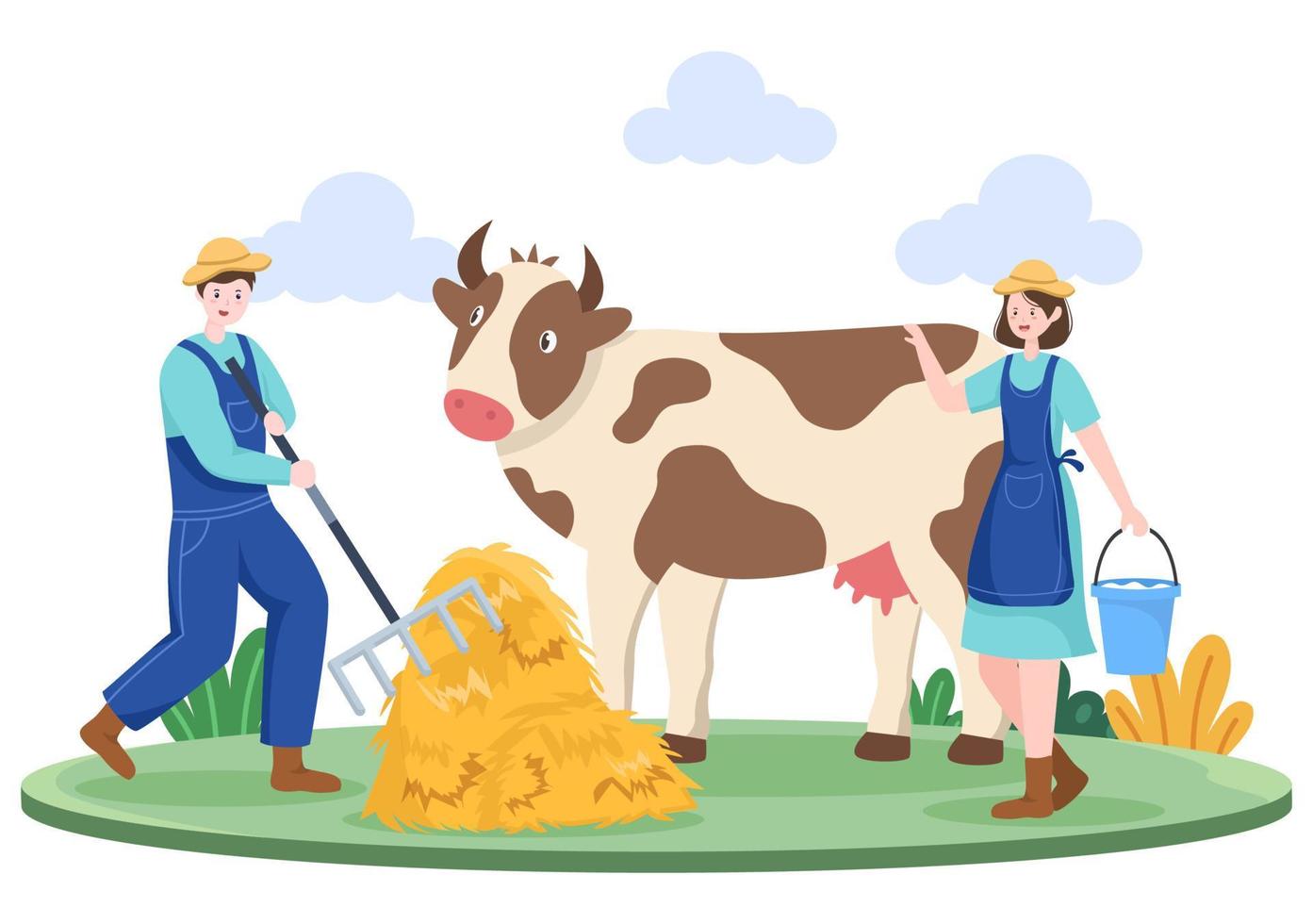 los granjeros están ordeñando vacas para producir u obtener leche con vistas a prados verdes o en granjas en un estilo plano ilustrativo vector