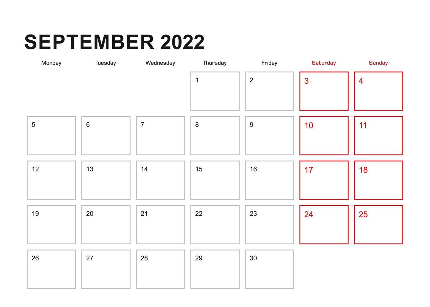 Wall planner for September 2022 in English language, week starts in Monday. vector
