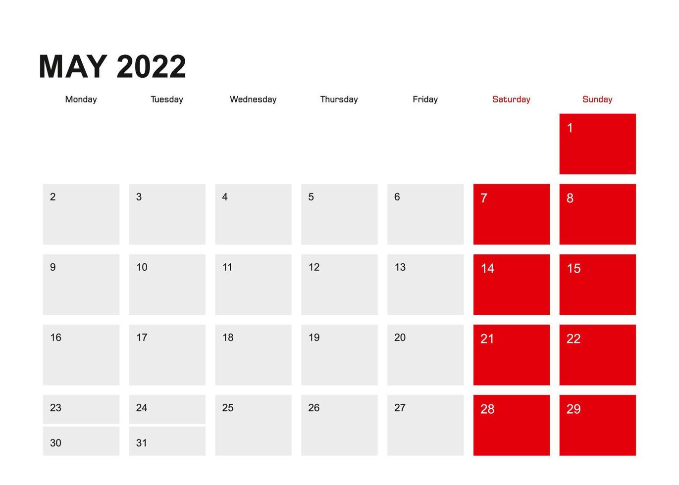 2022 May planner calendar design. Week starts from Monday. vector