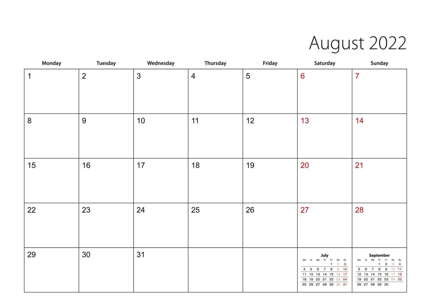 August 2022 simple calendar planner, week starts from Monday. vector