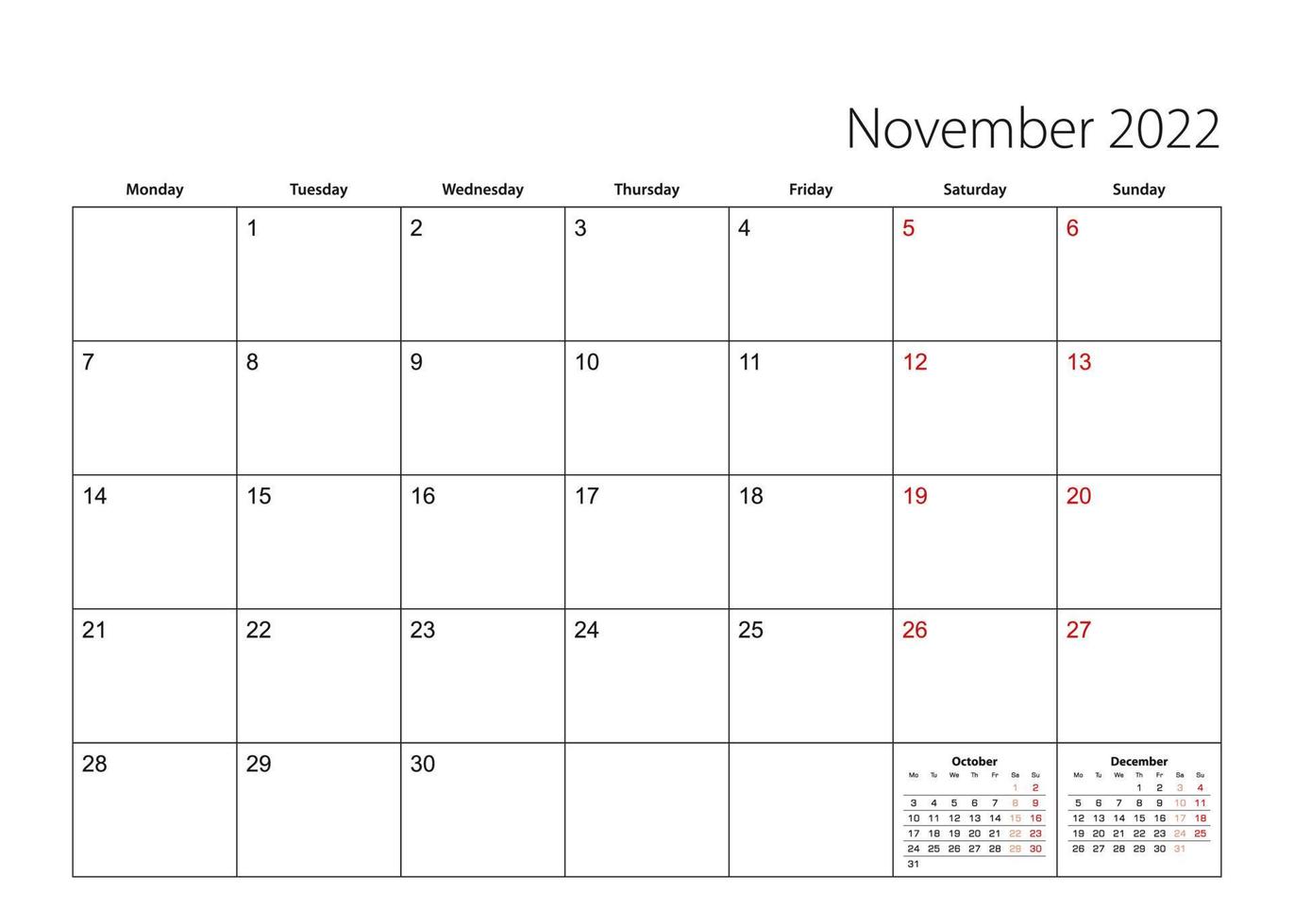 November 2022 simple calendar planner, week starts from Monday. vector