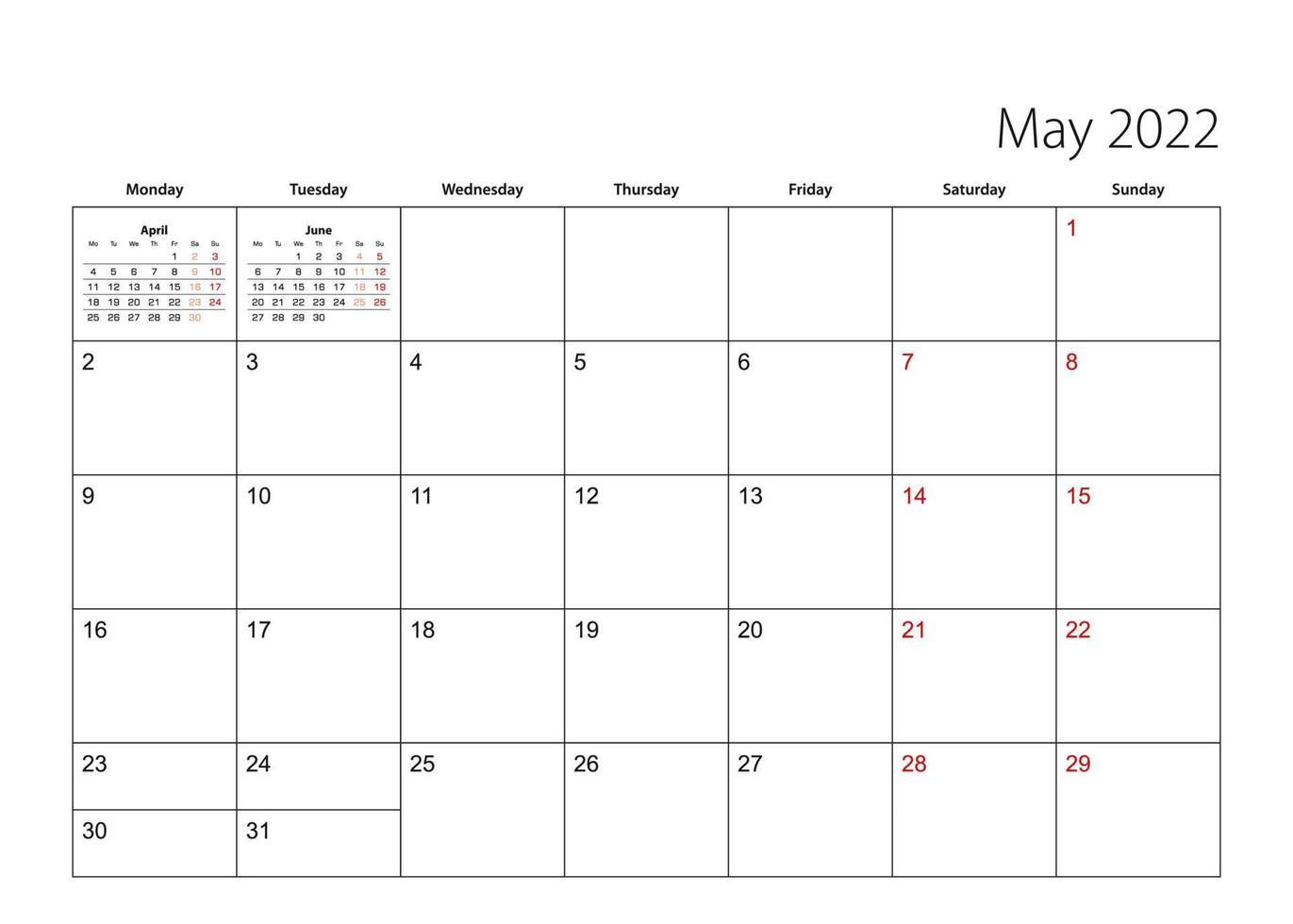 May 2022 simple calendar planner, week starts from Monday. vector
