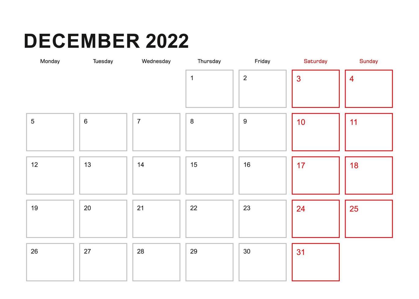 Wall planner for December 2022 in English language, week starts in Monday. vector