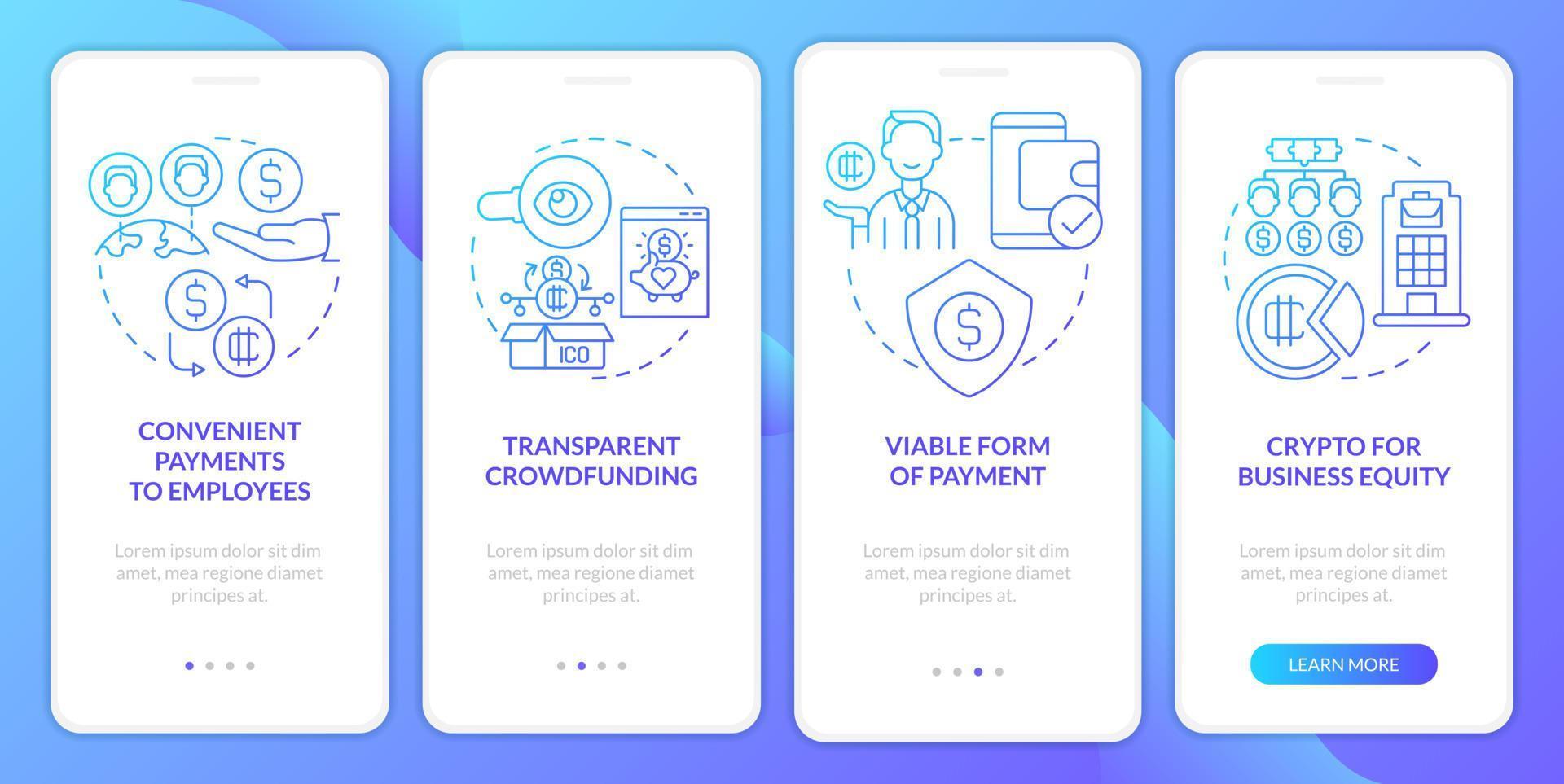 Crypto strong points in usage blue gradient onboarding mobile app screen. Walkthrough 4 steps graphic instructions pages with linear concepts. UI, UX, GUI template. Myriad Pro-Bold, Regular fonts used vector