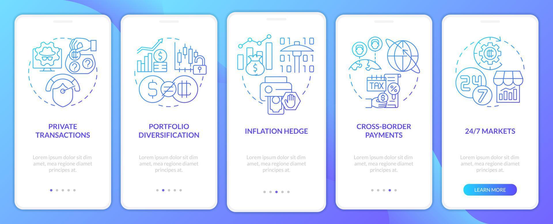 Crypto respective strengths blue gradient onboarding mobile app screen. Walkthrough 5 steps graphic instructions pages with linear concepts. UI, UX, GUI template. Myriad Pro-Bold, Regular fonts used vector