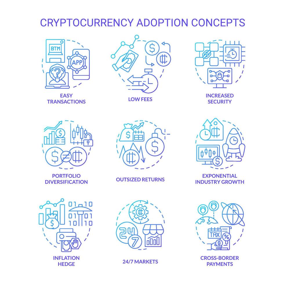 conjunto de iconos de concepto de gradiente azul de adopción de criptomonedas. transacciones fáciles ideas ilustraciones en color de línea delgada. seguridad incrementada. símbolos aislados. roboto-medium, innumerables fuentes pro-bold utilizadas vector