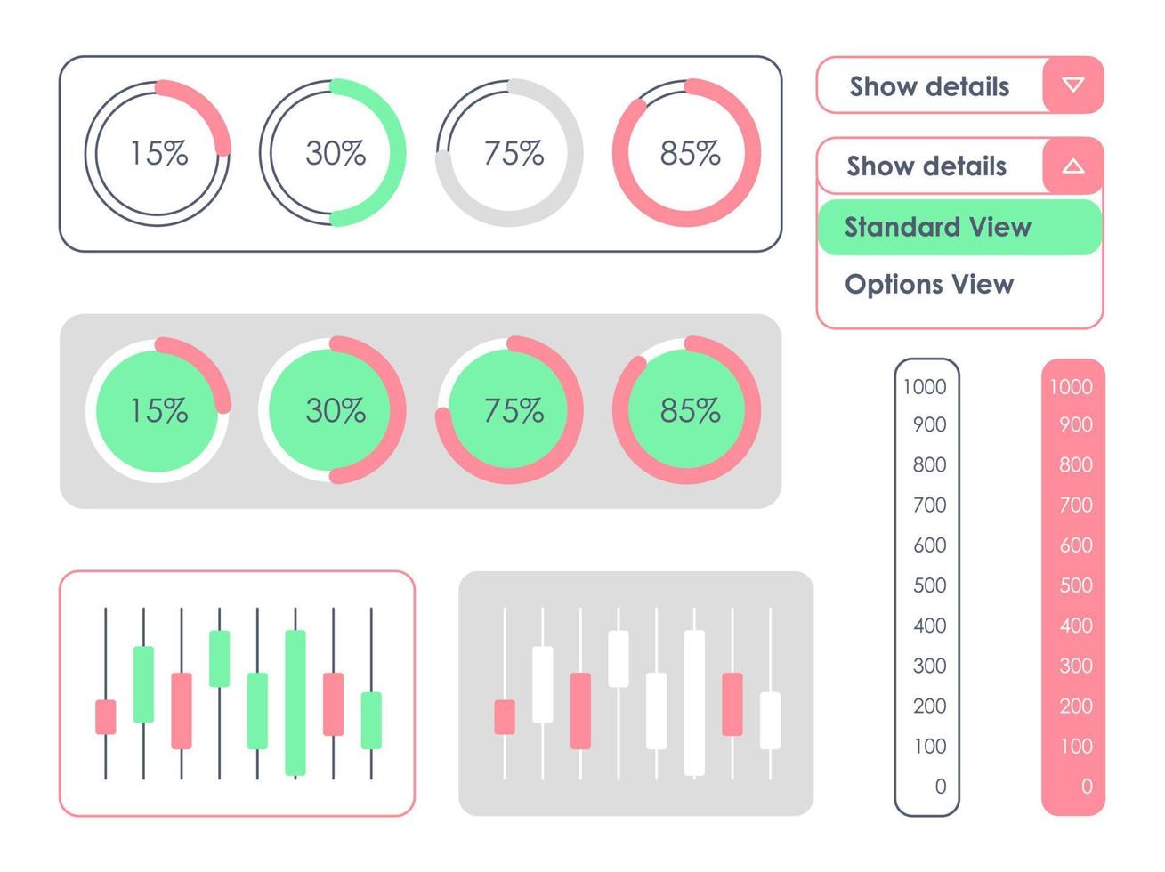 Real-time monitoring data UI elements kit. Isolated vector dashboard components. Flat interface buttons template. Web design widget collection for mobile application with light theme