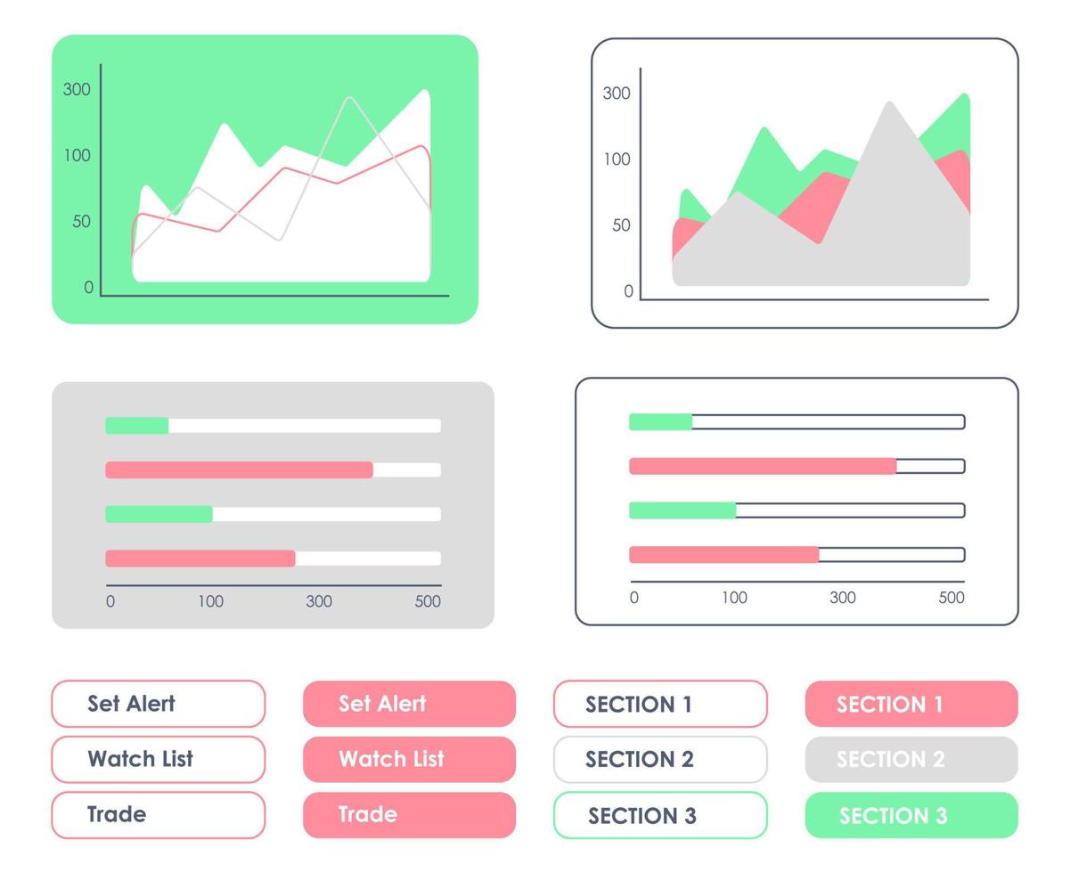 Trading infographics UI elements kit. Business isolated vector dashboard components. Flat interface buttons template. Web design widget collection for mobile application with light theme