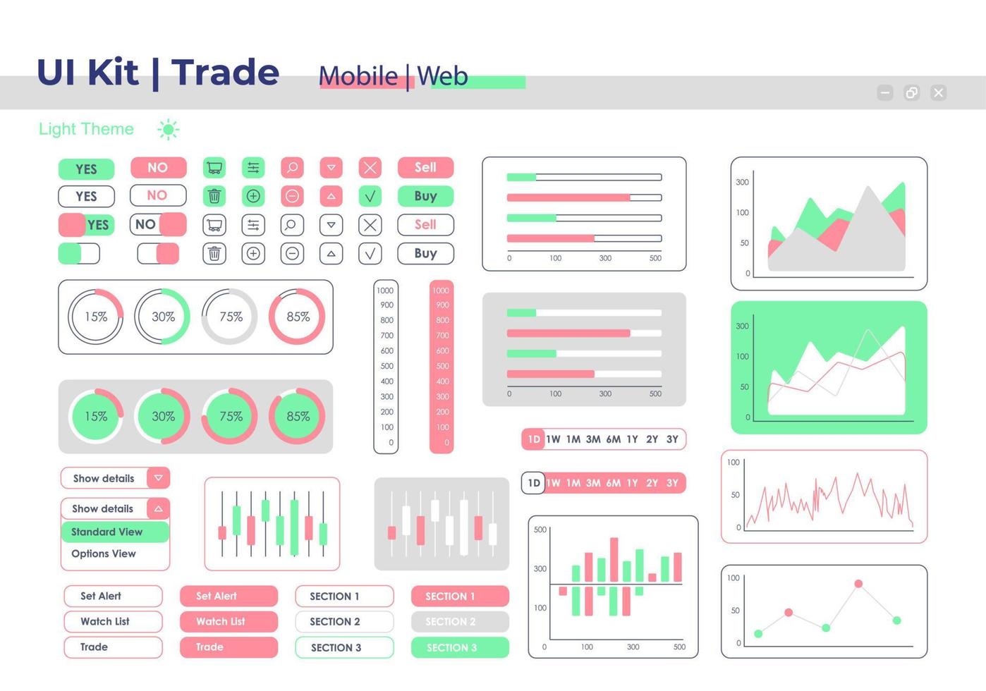 Trade UI elements kit. Business and commerce isolated vector dashboard components. Flat interface buttons template. Web design widget collection for mobile application with light theme
