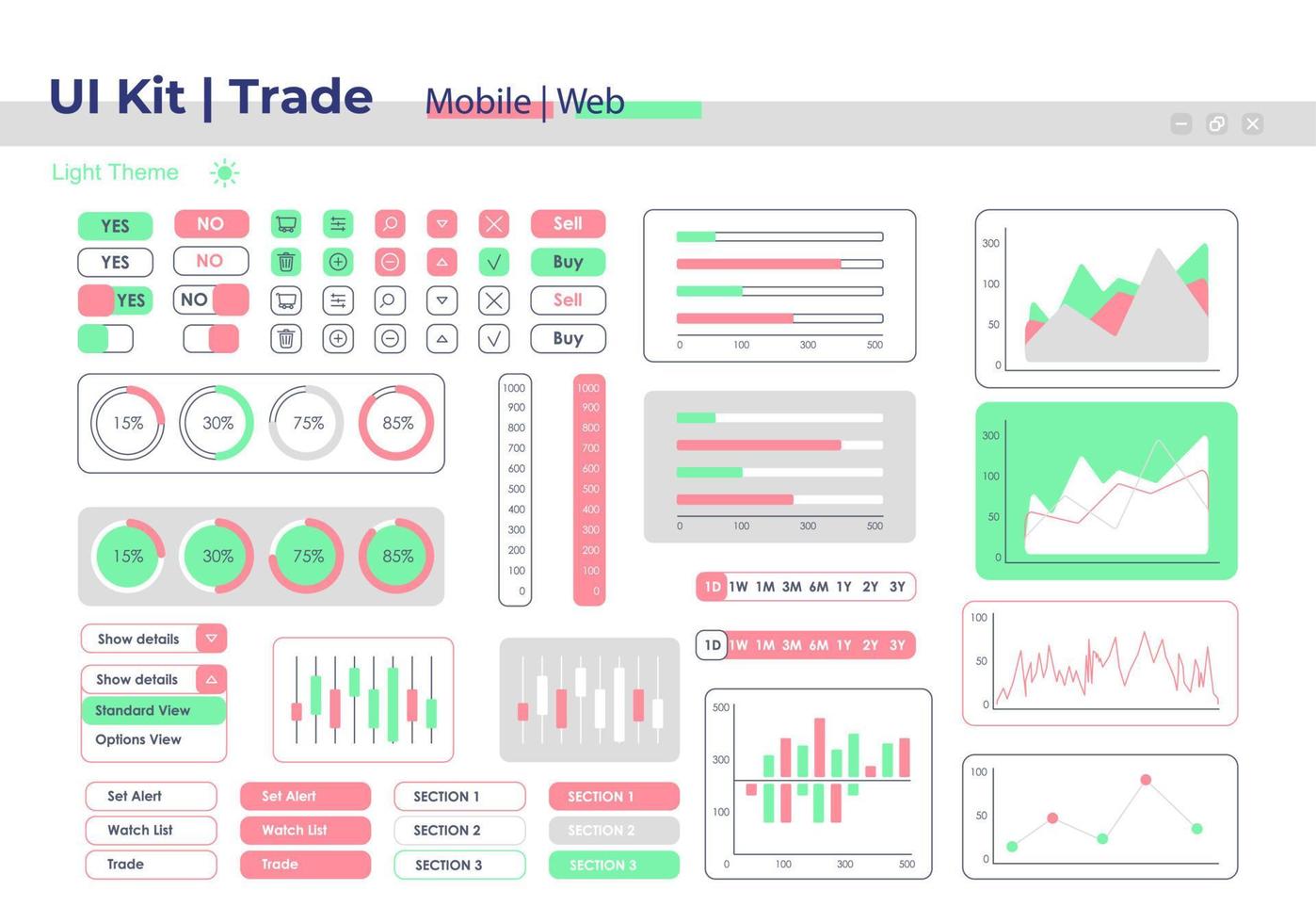 Trade UI elements kit. Business and commerce isolated vector dashboard components. Flat interface buttons template. Web design widget collection for mobile application with light theme